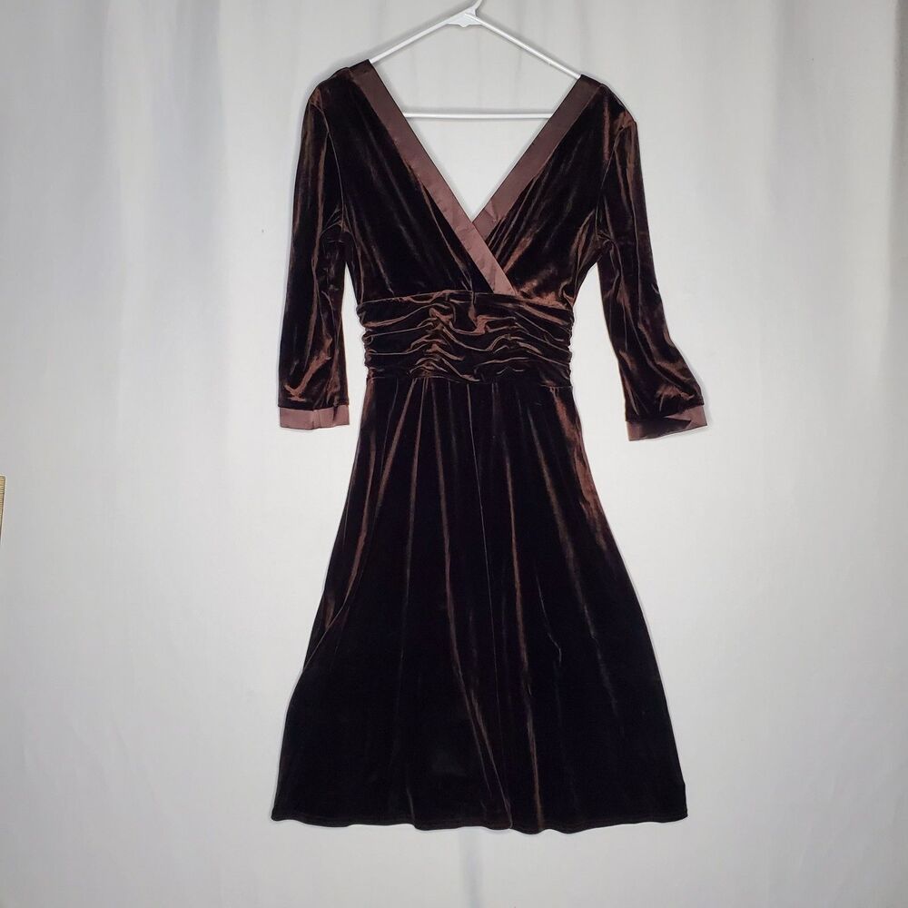 Sandra Darren Brown Velvet Empire Dress‎ 10 Satin Trim V-Neck Romantic Old Money
